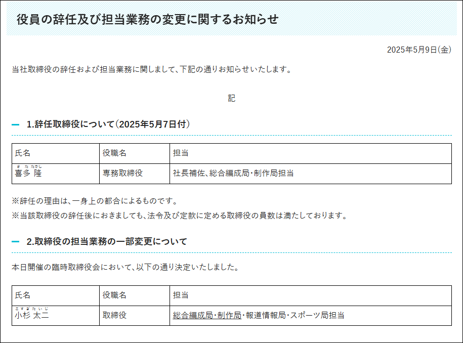 役員の辞任及び担当業務の変更に関するお知らせ・カンテレより